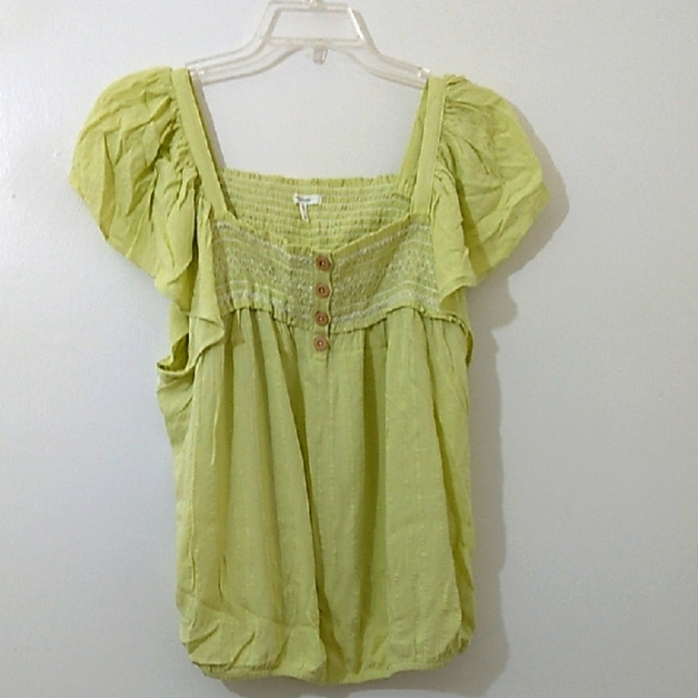 Maurice's‎ Peasant Square Neck Green Smocked Top Size 1X Flutter Sleeve